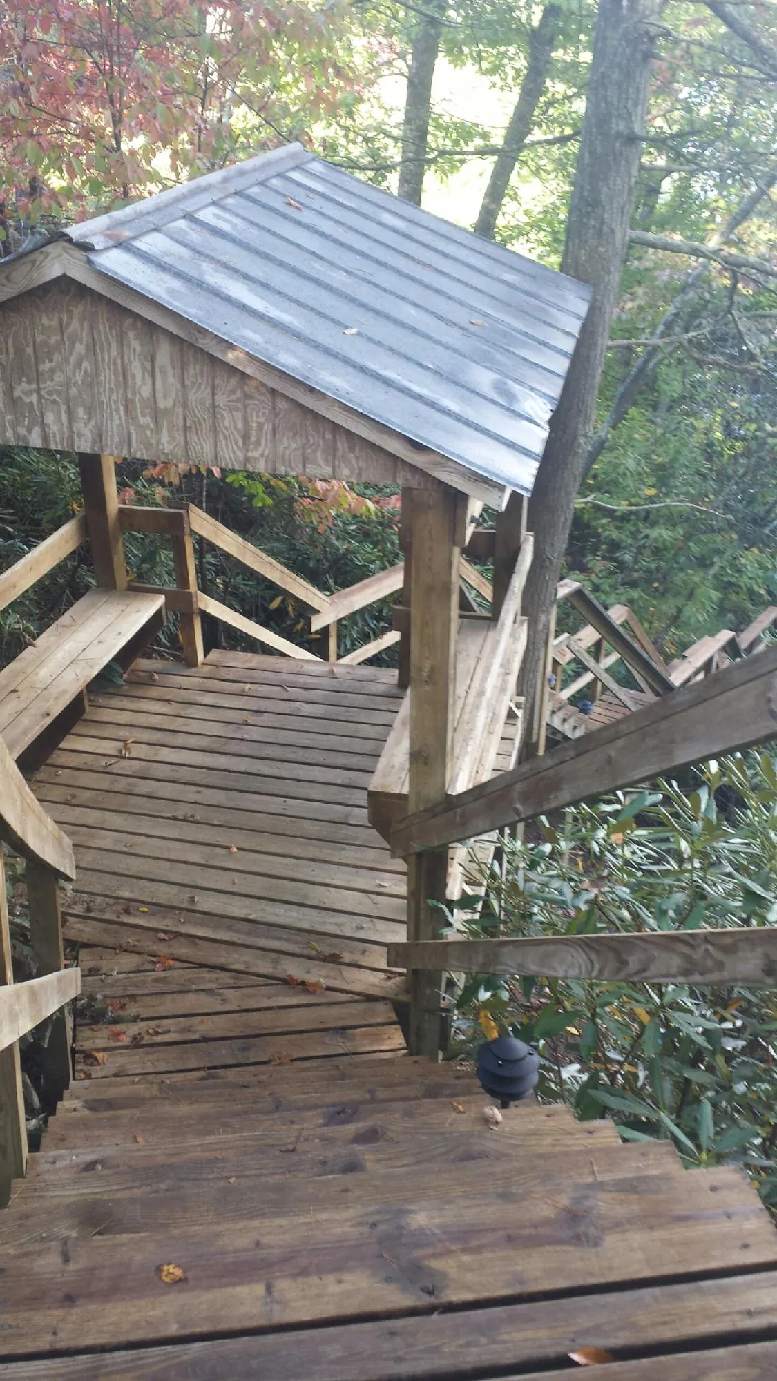 Metal roofed shelter over wooden steps on a wooded walkway — Skylight Repair & Installation work by our crew in Fort Blackmore